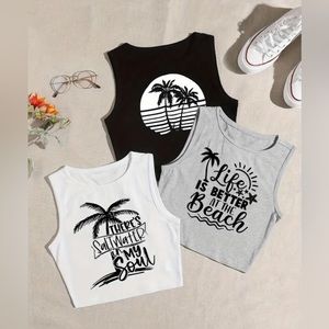 3 Pieces Coconut Tree Print Crop Tank Tops, Y2K
Sleeveless Crew Neck Tank Tops